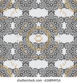Seamless golden texture curls. Seamless pattern on gray background with golden elements. Vector oriental style arabesques. Openwork delicate golden pattern. Brilliant lace, stylized flowers, paisley.