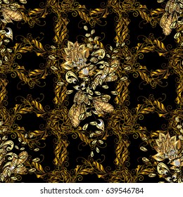 Seamless golden texture curls. Seamless pattern on black background with golden elements. Openwork delicate golden pattern. Brilliant lace, stylized flowers, paisley. Oriental style arabesques. Vector