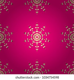 Seamless golden texture curls. Vector. Seamless pattern on magenta, white and brown colors with golden elements. Stylized flowers, paisley. Oriental style arabesques. Openwork delicate golden pattern.