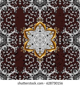 Seamless golden texture curls. Vector oriental style arabesques. Brilliant lace, stylized flowers, paisley. Openwork delicate golden pattern. Seamless pattern on brown background with golden elements.