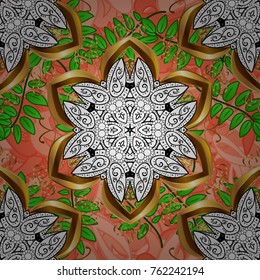 Seamless golden texture curls. Vector oriental style arabesques. Seamless pattern on white, orange and green colors with golden elements. Stylized flowers, paisley. Openwork delicate golden pattern.