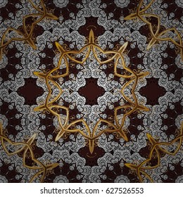 Seamless golden textured curls. Brown background with golden elements. Vector illustration. Oriental style arabesques. Vector golden pattern.
