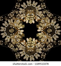 Seamless golden textured curls. Golden elements in oriental style arabesques. Vector golden seamless pattern. Seamless pattern on black, brown and beige colors.