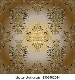 Seamless golden textured curls. Golden elements in oriental style arabesques. Seamless pattern on beige and orange colors. Vector golden seamless pattern.
