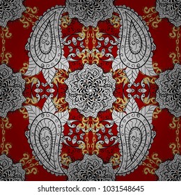 Seamless golden textured curls in oriental style arabesques. Golden pattern on red background with white doodles. Vector golden pattern.