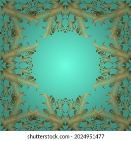 Seamless golden textured curls. Oriental style arabesques. Vector golden pattern. Vector illustration. Yellow, neutral and blue colors with gold elements.