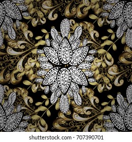 Seamless golden textured curls in oriental style arabesques. Golden pattern on black background with white doodles.