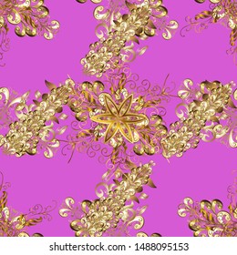 Seamless golden textured curls. Seamless pattern on violet and beige colors. Golden elements in oriental style arabesques. Vector golden seamless pattern.