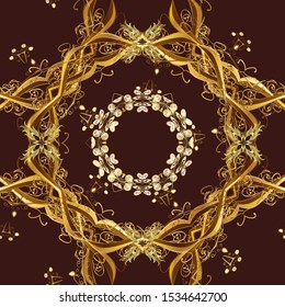 Seamless golden textured curls. Seamless pattern on brown and yellow colors. Vector golden seamless pattern. Golden elements in oriental style arabesques.