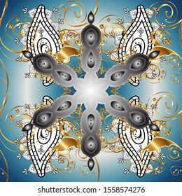 Seamless golden textured curls. Seamless pattern on blue and gray colors. Golden elements in oriental style arabesques. Vector golden seamless pattern.