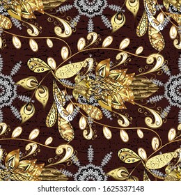 Seamless golden textured curls. Seamless pattern on brown, white and yellow colors. Vector golden seamless pattern. Golden elements in oriental style arabesques.