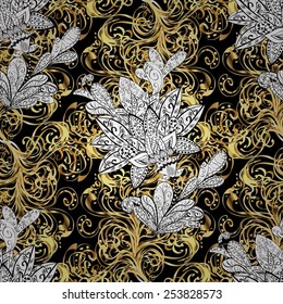 Seamless golden textured curls. Golden pattern on black colors with with white doodles. Oriental style arabesques. Vector golden pattern.