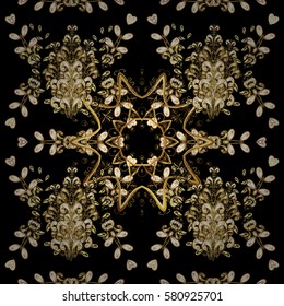 Seamless golden textured curls. Seamless pattern on black background. Golden elements in oriental style arabesques. Vector golden seamless pattern.