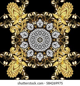 Seamless golden textured curls. Golden pattern on black background with with white doodles. Oriental style arabesques. Vector golden pattern.