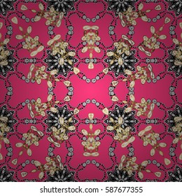 Seamless golden textured curls. Golden pattern on pink background with with white doodles. Oriental style arabesques. Vector golden pattern.