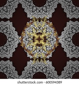 Seamless golden textured curls. Golden pattern on brown background with with white doodles. Oriental style arabesques. Vector golden pattern.