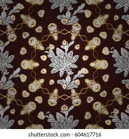 Seamless golden textured curls. Golden pattern on brown background with with white doodles. Oriental style arabesques. Vector golden pattern.