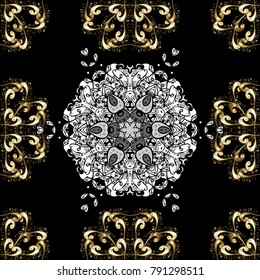 Seamless golden textured curls. Golden pattern on black colors with with white doodles. Oriental style arabesques. Vector golden pattern.