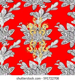 Seamless golden textured curls. Red background with golden elements. Vector golden pattern. Vector illustration. Oriental style arabesques.