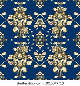 Seamless golden textured curls. Vector illustration. Blue, brown and yellow colors with gold elements. Vector golden pattern. Oriental style arabesques.
