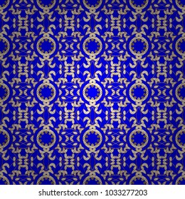 Seamless golden textured curls. Vector golden seamless pattern. Seamless pattern on blue, white and brown colors. Golden elements in oriental style arabesques.