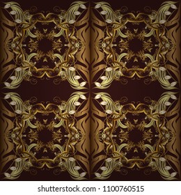 Seamless golden textured curls. Vector golden seamless pattern. Seamless pattern on brown, yellow and beige colors. Golden elements in oriental style arabesques.