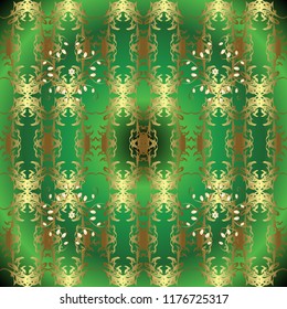 Seamless golden textured curls. Vector golden pattern. Green, neutral and brown colors with gold elements. Oriental style arabesques. Vector illustration.
