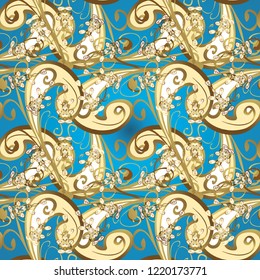 Seamless golden textured curls. Vector illustration. Vector golden pattern. Oriental style arabesques. Blue, beige and yellow colors with gold elements.