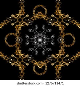 Seamless golden textured curls. Vector illustration. Brown and black colors with gold elements. Oriental style arabesques. Vector golden pattern.