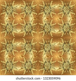 Seamless golden textured curls. Vector golden seamless pattern. Seamless pattern on brown and neutral colors. Golden elements in oriental style arabesques.