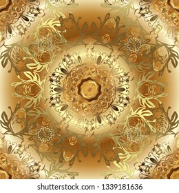Seamless golden textured curls. Vector golden seamless pattern. Golden elements in oriental style arabesques. Seamless pattern on brown and beige colors.