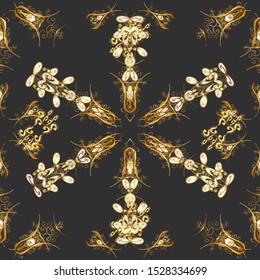 Seamless golden textured curls. Vector golden pattern. Vector illustration. Gray and brown colors with gold elements. Oriental style arabesques.