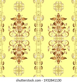 Seamless golden textured curls. Vector illustration. Oriental style arabesques. Yellow, brown and beige colors with gold elements. Vector golden pattern.