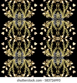 Seamless golden textured curls. Vector golden pattern. Golden pattern on black background with with white doodles. Oriental style arabesques.