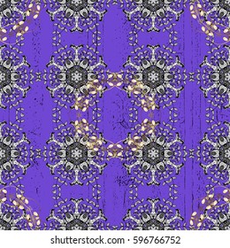 Seamless golden textured curls. Vector golden pattern. Golden pattern on violet background with with white doodles. Oriental style arabesques.
