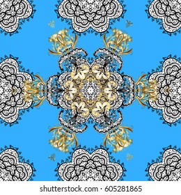  Seamless golden textured curls. Vector golden pattern. Blue background with golden elements. Oriental style arabesques.