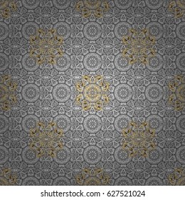 Seamless golden textured curls. Vector golden pattern. Golden pattern on gray background with with gray doodles. Oriental style arabesques.