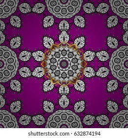 Seamless golden textured curls. Vector illustration. Oriental style arabesques. Magenta background with golden elements. Vector golden pattern.