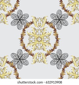 Seamless golden textured curls. Vector golden pattern. Golden pattern on gray background with with dim doodles. Oriental style arabesques.