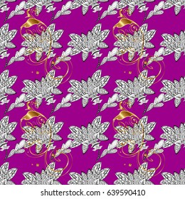 Seamless golden textured curls. Vector illustration. Vector golden pattern. Oriental style arabesques. Magenta background with golden elements.