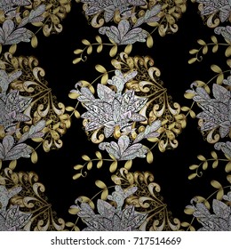 Seamless golden textured curls. Vector golden pattern. pattern on black, neutral and gray colors with with white doodles. Oriental style arabesques.