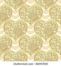 Seamless golden valentine pattern with lacy gold hearts and wave (vector)