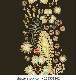 Seamless golden vector border  pattern with feathers on dark background