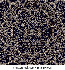 Seamless golden vector ornamental  texture,   oriental, medieval style, on dark background