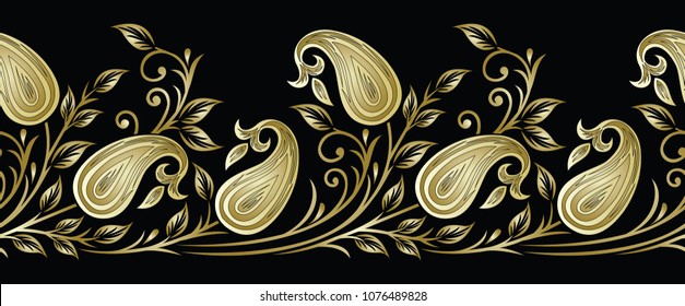 Seamless golden vector paisley border with leaves on black background