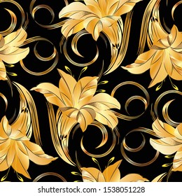 Seamless golden vintage floral pattern on black background