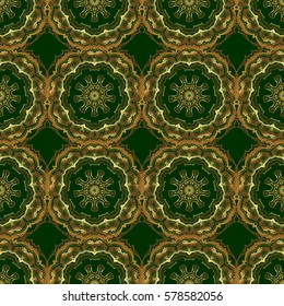 Seamless golden vintage pattern on green background. Vector old moroccan, arabian and turkish ornaments.