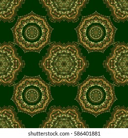 Seamless golden vintage pattern on green background. Vector old moroccan, arabian and turkish ornaments.