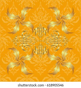 Seamless golden vintage pattern on yellow background. Vector old moroccan, arabian and turkish ornaments.