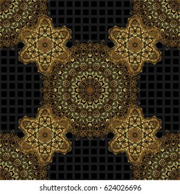 Seamless golden vintage pattern on black background. Vector old moroccan, arabian and turkish ornaments.